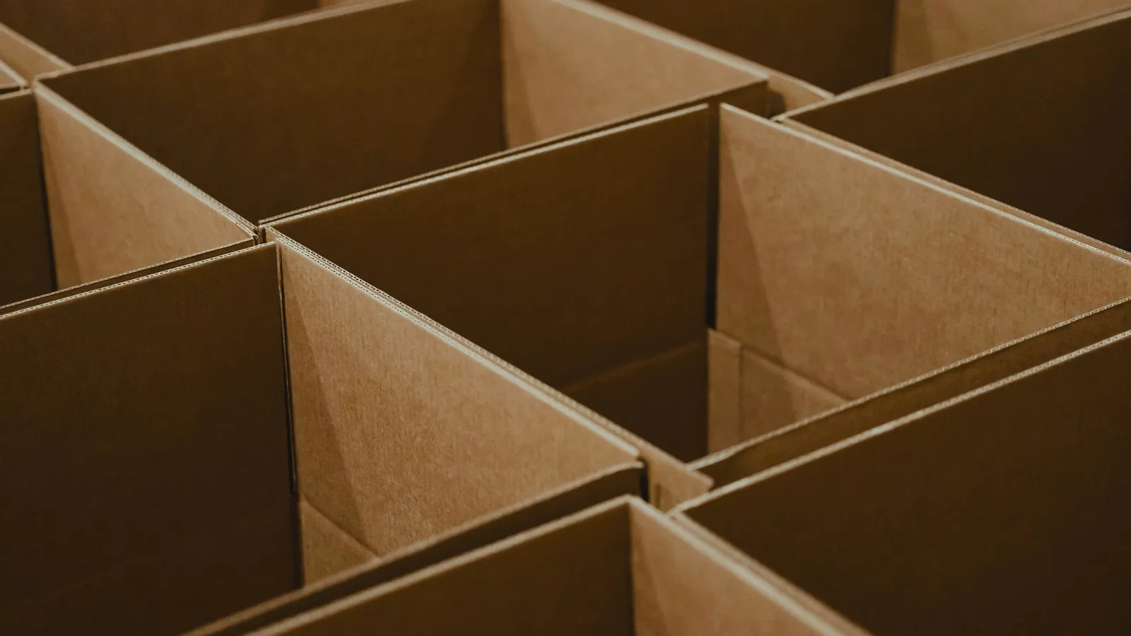 Rows of open, empty brown cardboard boxes
