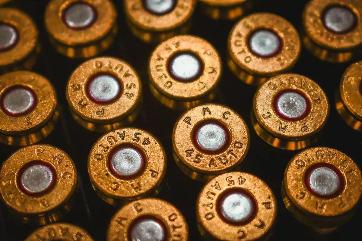 Close-up of .45 ACP ammunition cartridge casings sold by an online ammunition retailer