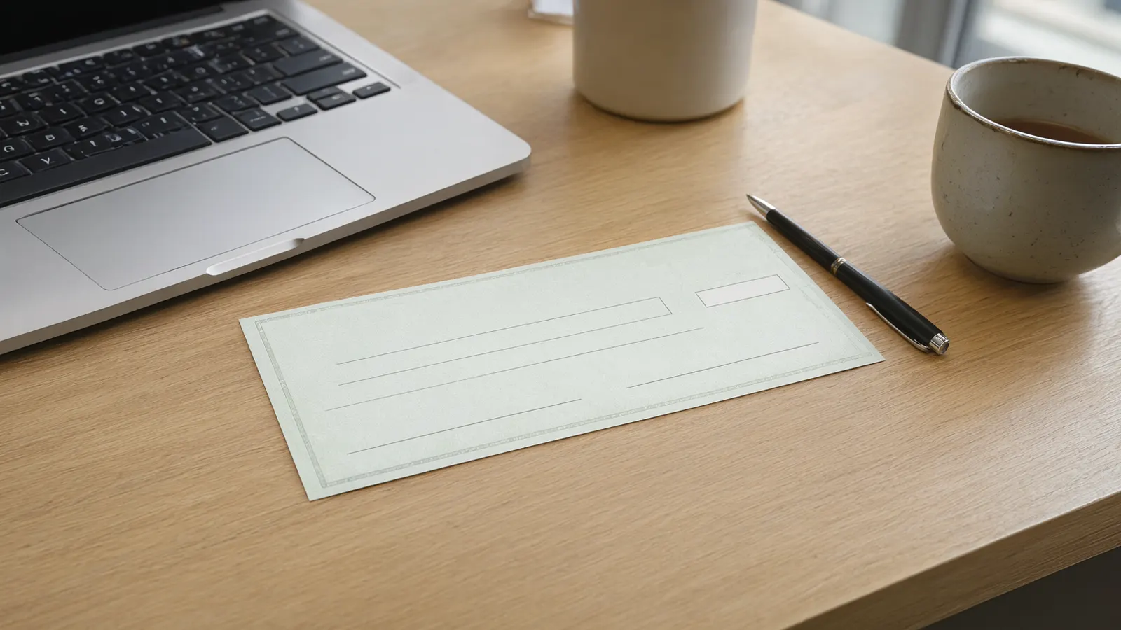A blank check with empty lines lying beside an open laptop, a black pen and coffee cups on a light wood desk